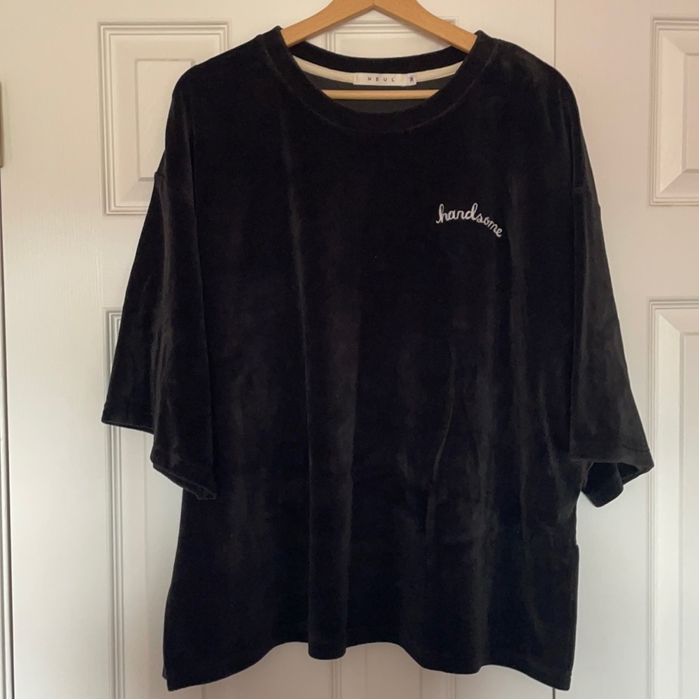 Oversized black velvet short sleeve top